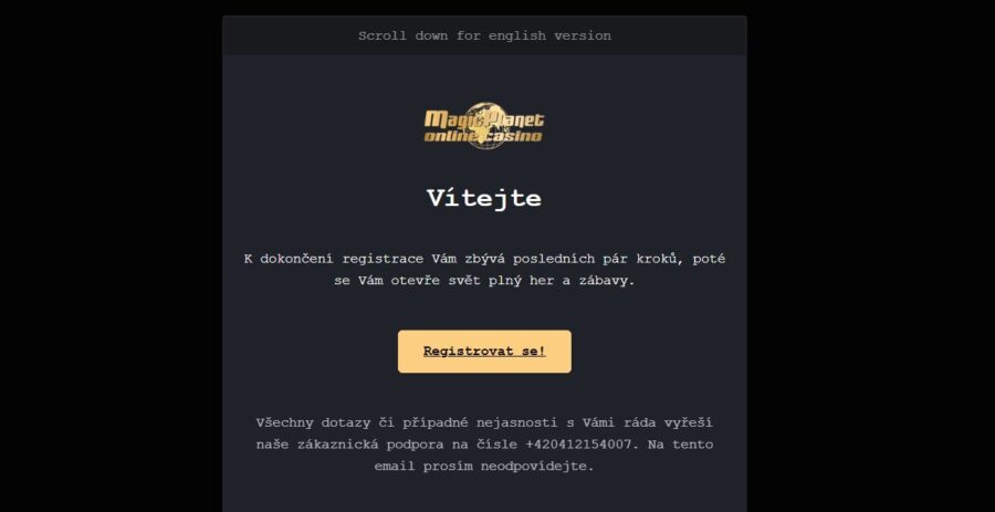 Magic Planet registrační email
