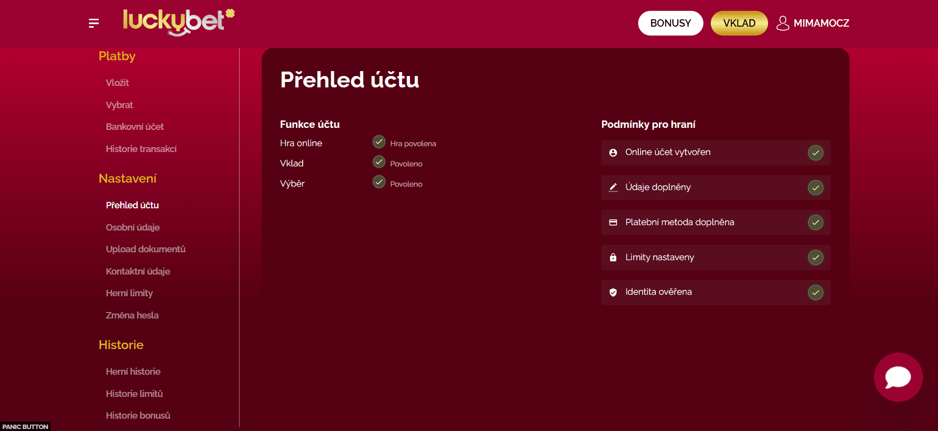 Luckybet web přehled účtu