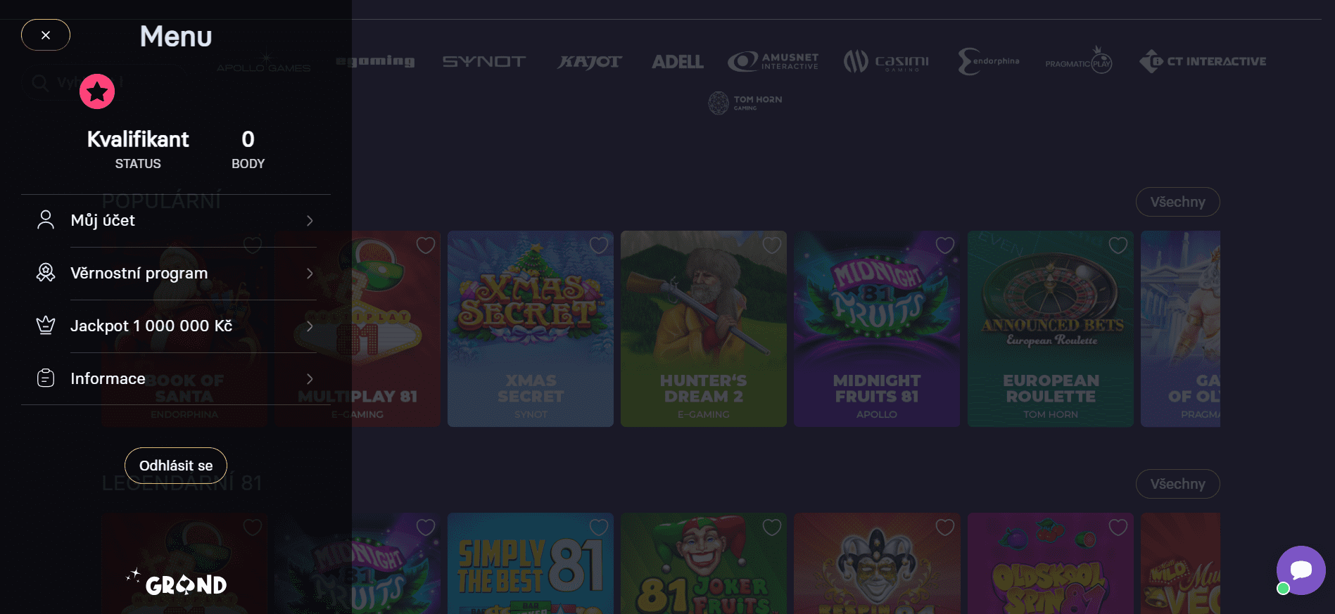 GRANDWIN web herní menu